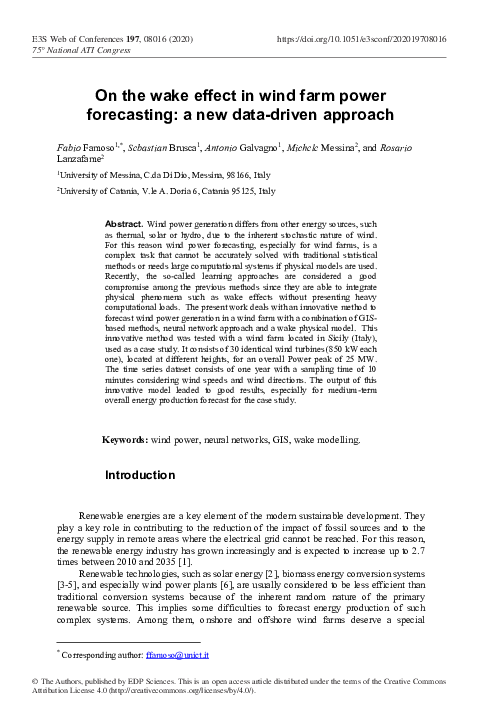 (PDF) On the wake effect in wind farm power forecasting: a new data ...