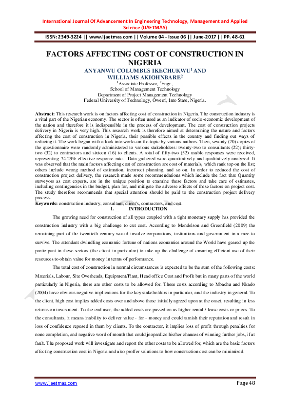  PDF Factors Affecting Cost Of Construction In Nigeria COLUMBUS ANYANWU Academia edu