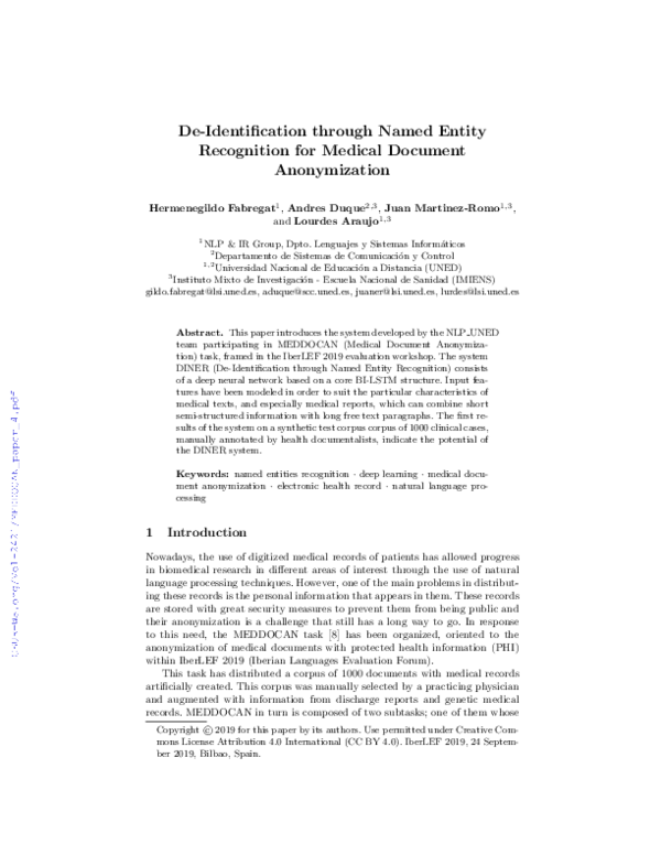 (PDF) De-Identification through Named Entity Recognition for Medical ...
