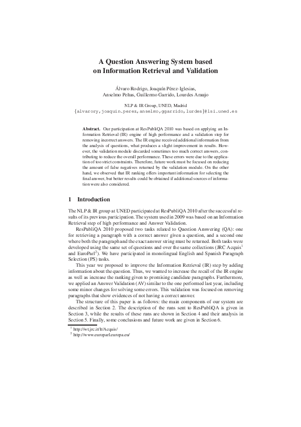 (PDF) A Question Answering System based on Information Retrieval and ...