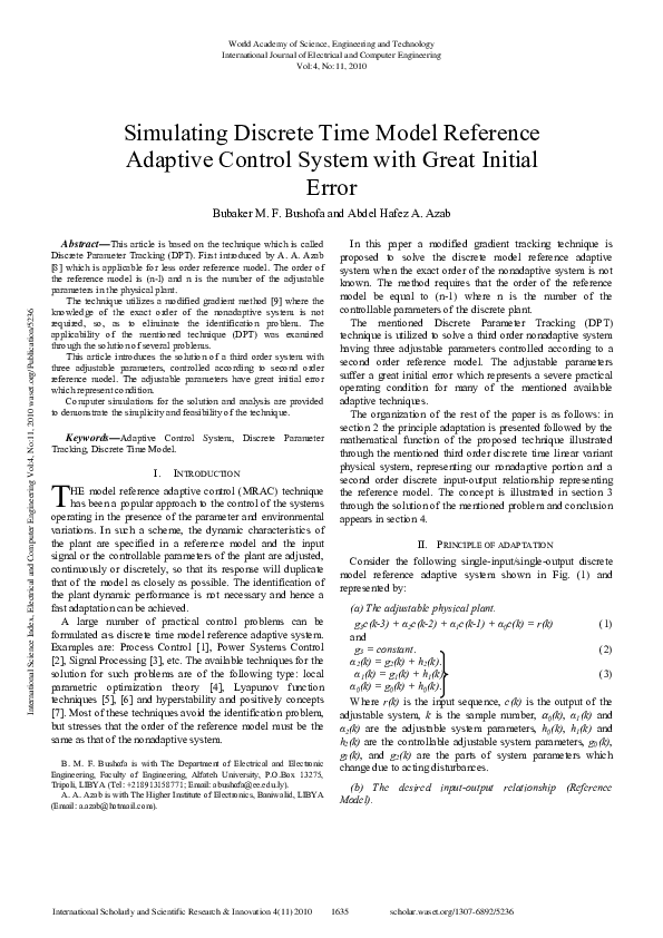 (PDF) Simulating Discrete Time Model Reference Adaptive Control System ...
