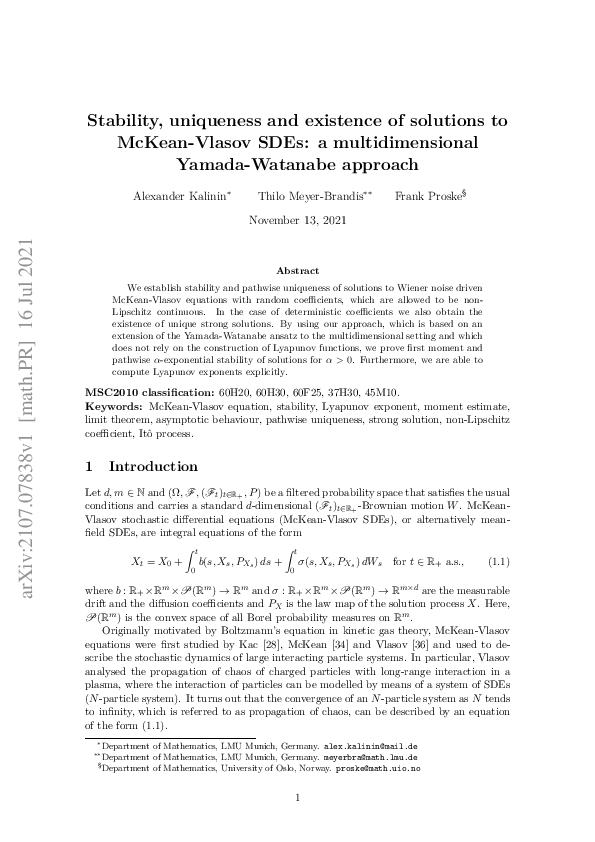 (PDF) Stability, uniqueness and existence of solutions to McKean-Vlasov ...