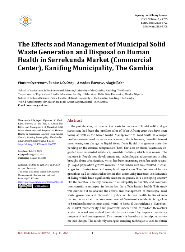 (PDF) The Effects and Management of Municipal Solid Waste Generation ...