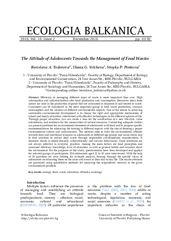 (PDF) The Attitude of Adolescents Towards the Management of Food Wastes