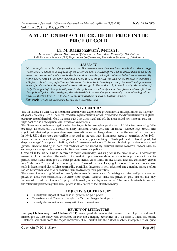 (PDF) A STUDY ON IMPACT OF CRUDE OIL PRICE IN THE PRICE OF GOLD