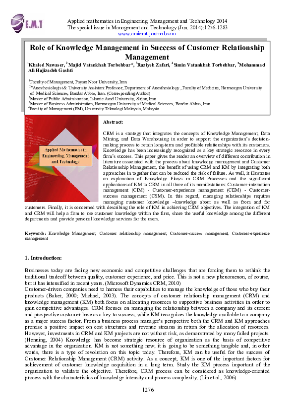 (PDF) Role of Knowledge Management in Success of Customer Relationship ...