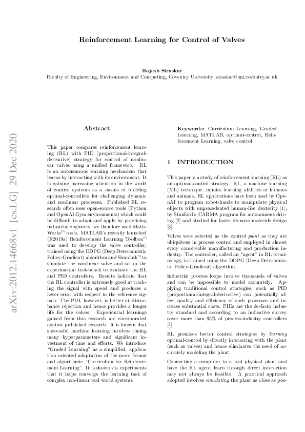 (PDF) Reinforcement learning for control of valves