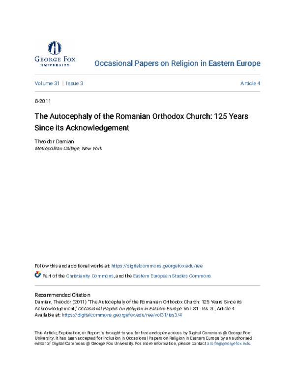 (PDF) The Autocephaly of the Romanian Orthodox Church: 125 Years Since ...