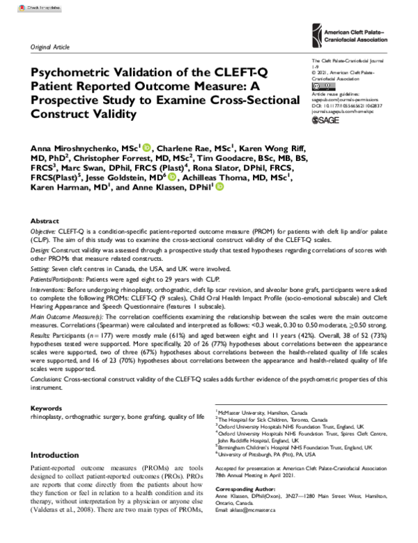 (PDF) Psychometric Validation of the CLEFT-Q Patient Reported Outcome ...