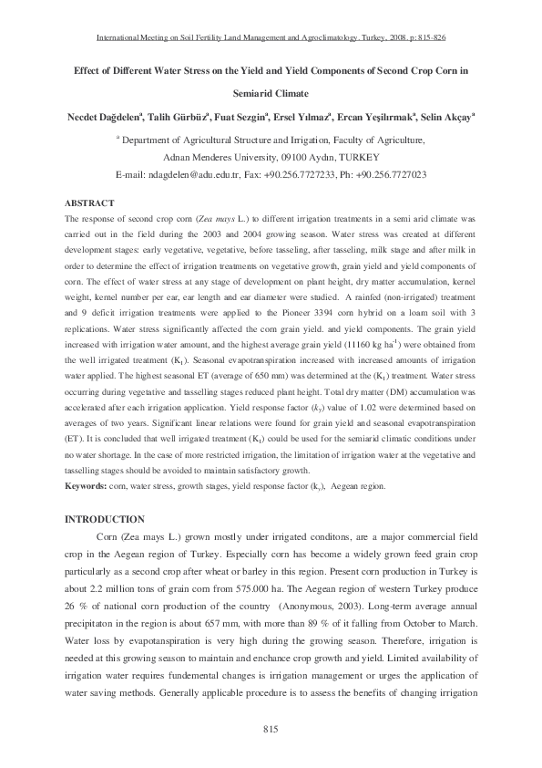 (PDF) Effect of different water stress on the yield and yield ...