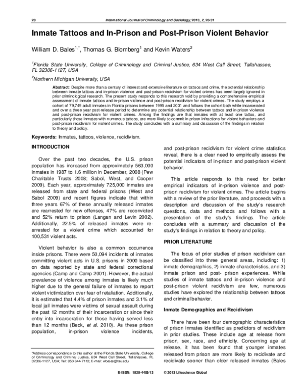 (PDF) Inmate Tattoos and In-Prison and Post-Prison Violent Behavior