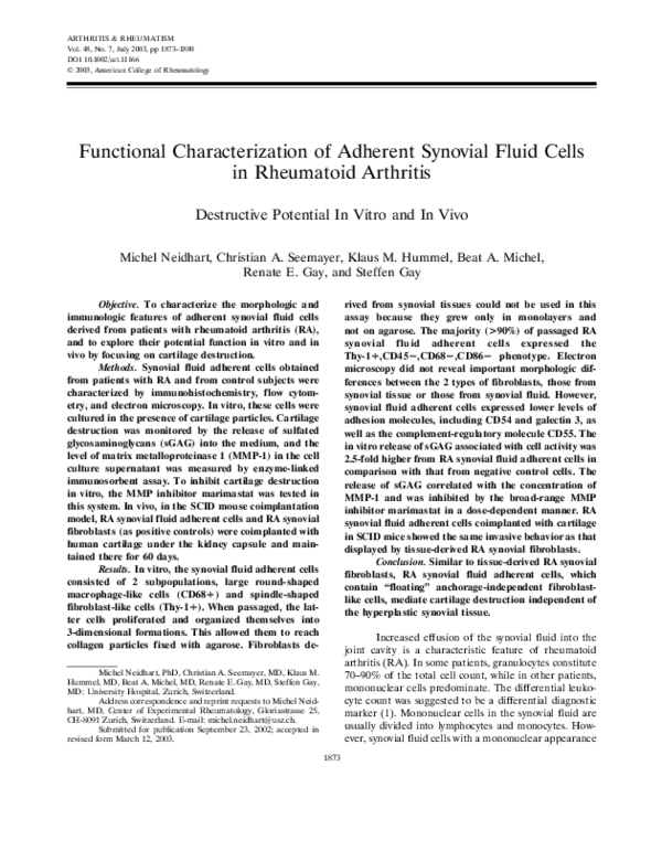 (PDF) Functional characterization of adherent synovial fluid cells in ...