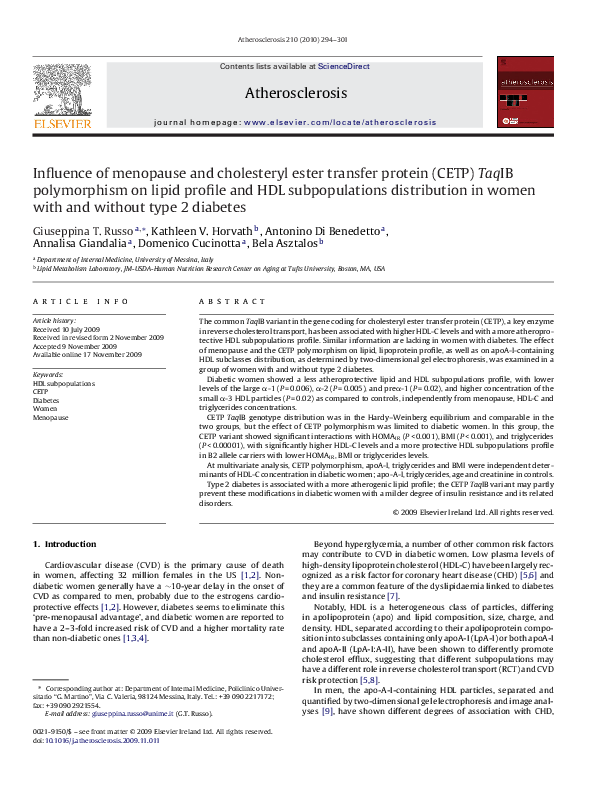 (PDF) Influence of menopause and cholesteryl ester transfer protein ...