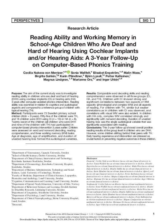 (PDF) Reading Ability and Working Memory in School-Age Children Who Are ...