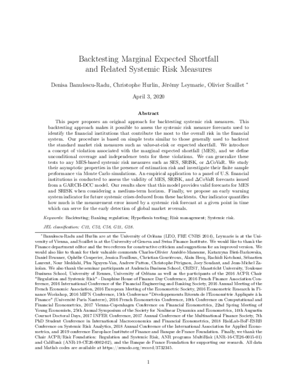 (PDF) Backtesting Marginal Expected Shortfall and Related Systemic Risk ...