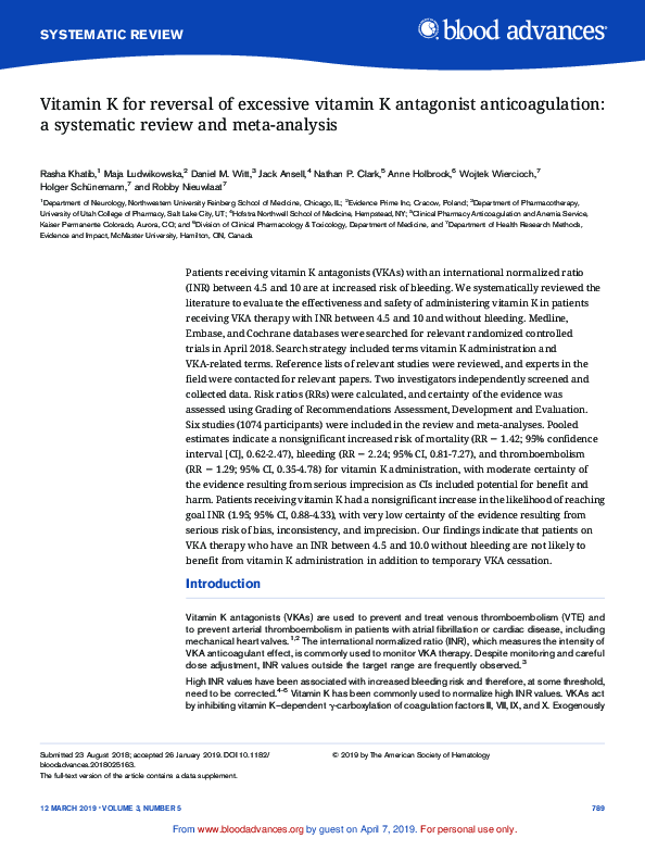 (PDF) Vitamin K for reversal of excessive vitamin K antagonist