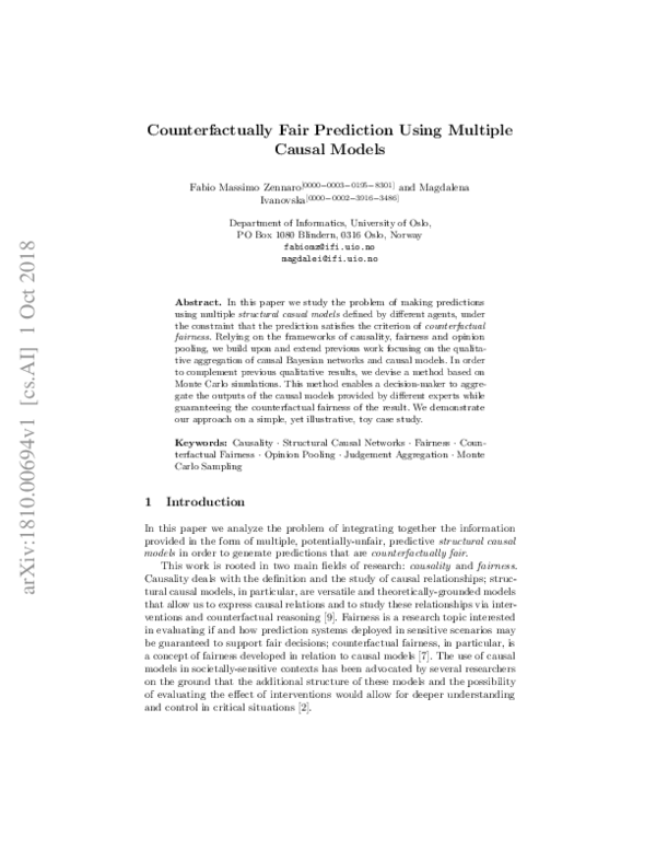 (PDF) Counterfactually Fair Prediction Using Multiple Causal Models