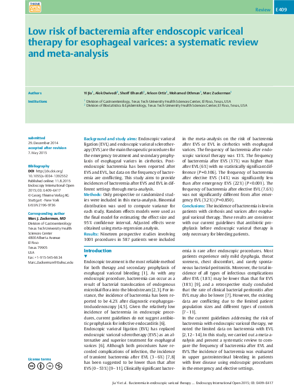 (PDF) Low risk of bacteremia after endoscopic variceal therapy for ...