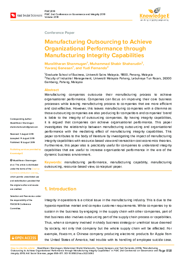 (PDF) Manufacturing Outsourcing to Achieve Organizational Performance ...