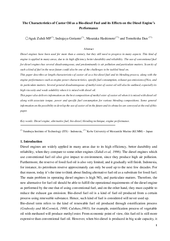 (PDF) The Characteristics of Castor Oil as a Bio-diesel Fuel and its ...