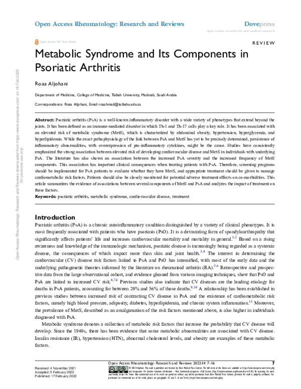 (PDF) Metabolic Syndrome and Its Components in Psoriatic Arthritis