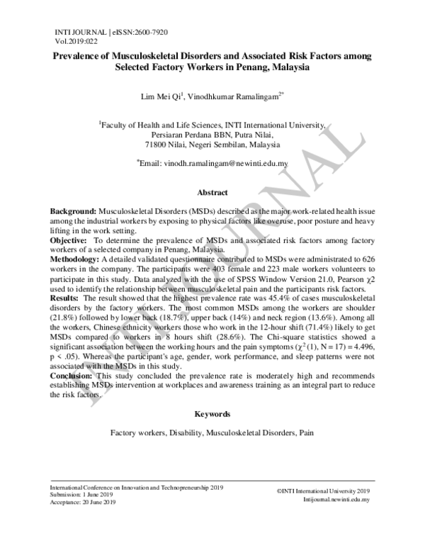 (PDF) Prevalence of Musculoskeletal Disorders and Associated Risk ...