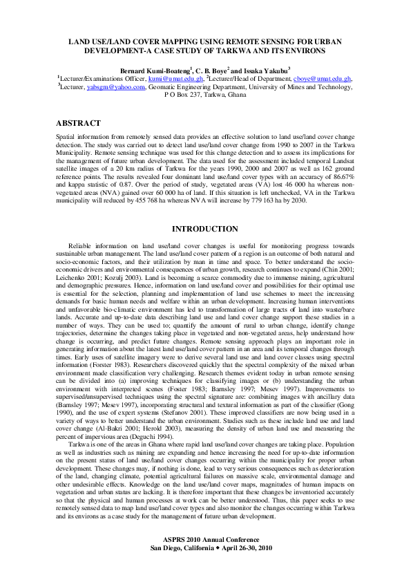 (PDF) Land Use/Land Cover Mapping Using Remote Sensing for Urban ...