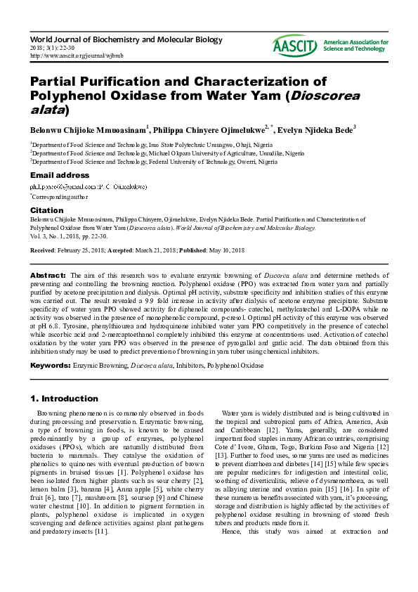 (PDF) Partial Purification and Characterization of Polyphenol Oxidase ...