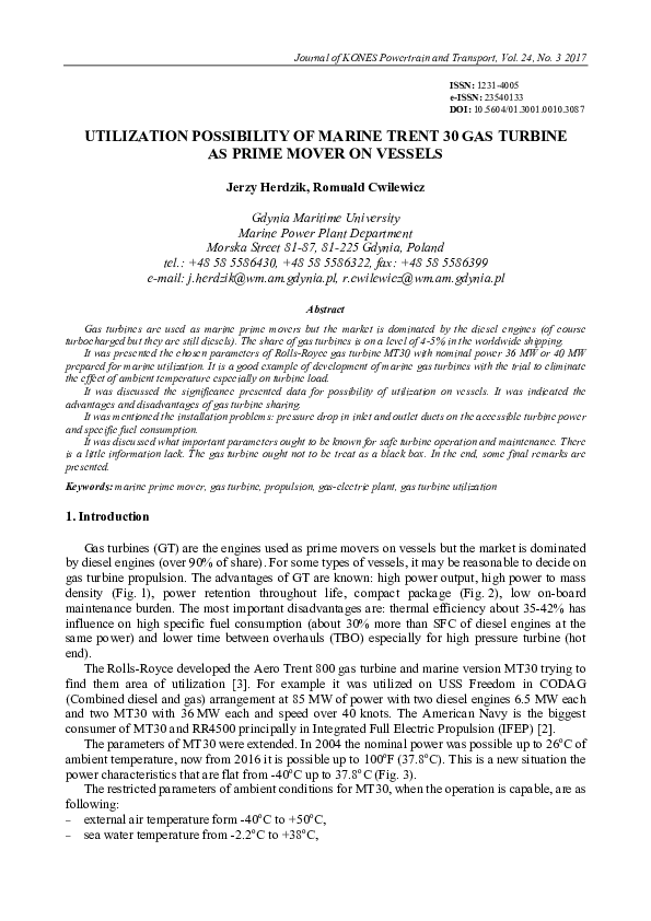(PDF) Utilization Possibility of Marine Trent 30 Gas Turbine as Prime ...