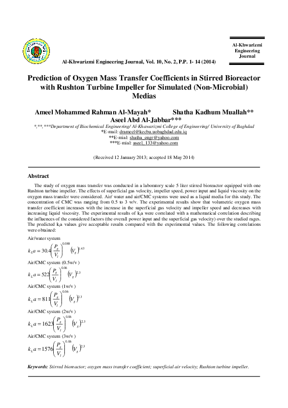 (PDF) Prediction of Oxygen Mass Transfer Coefficients in Stirred ...