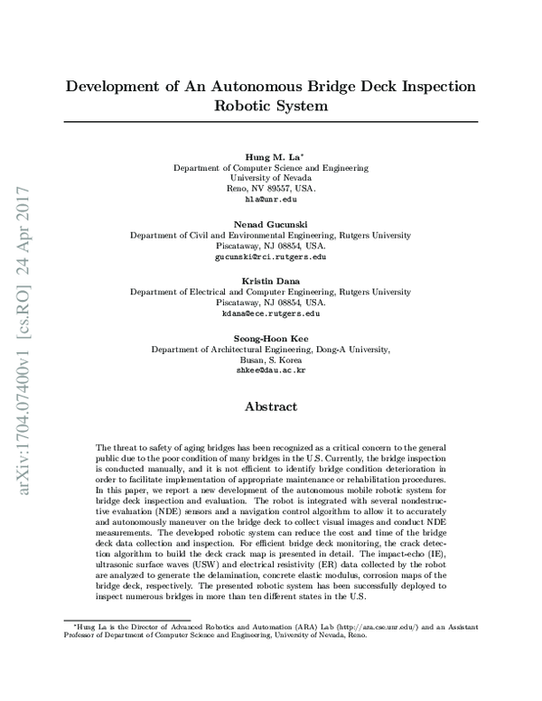 (PDF) Development of an autonomous bridge deck inspection robotic system
