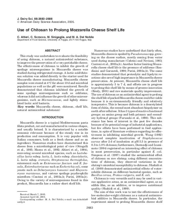 (PDF) Use of Chitosan to Prolong Mozzarella Cheese Shelf Life Clelia