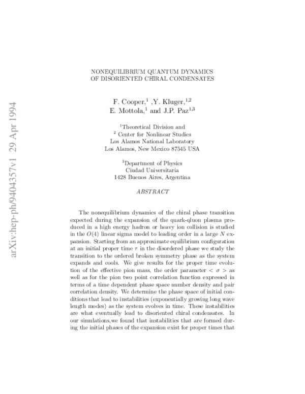 (PDF) Nonequilibrium quantum dynamics of disoriented chiral condensates