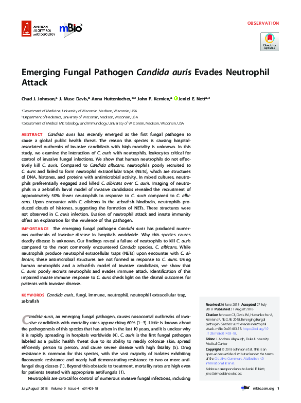 (PDF) Emerging Fungal Pathogen Candida auris Evades Neutrophil Attack