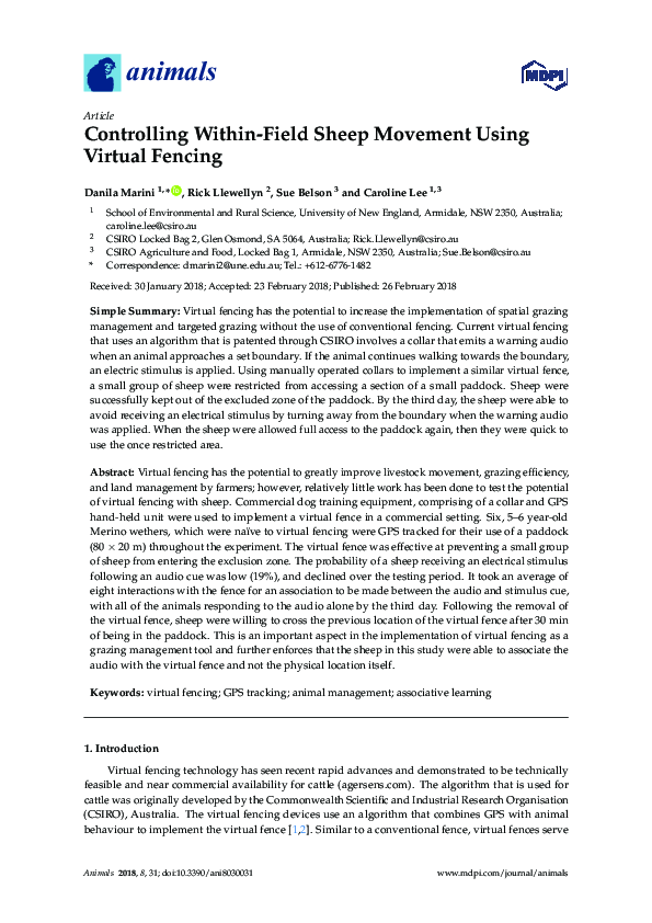 (PDF) Controlling Within-Field Sheep Movement Using Virtual Fencing