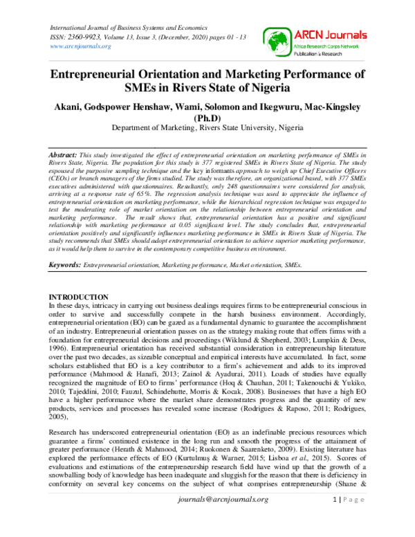 (PDF) Entrepreneurial Orientation and Marketing Performance of SMEs in ...