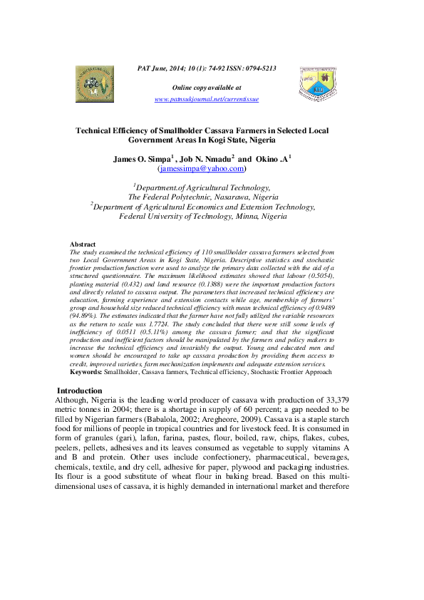 (PDF) Technical Efficiency of Smallholder Cassava Farmers in Selected ...