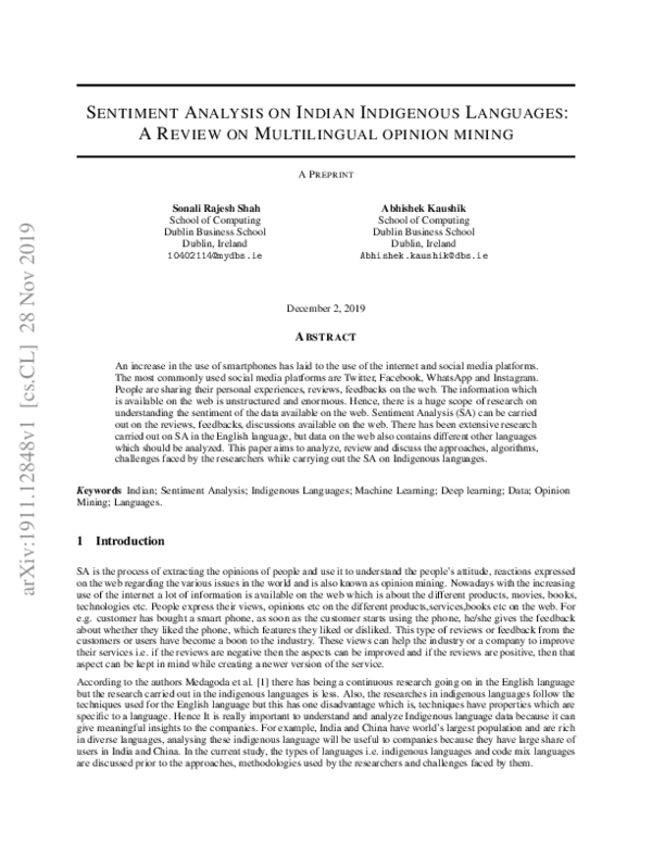 (PDF) Sentiment Analysis on Indian Indigenous Languages: A Review on ...