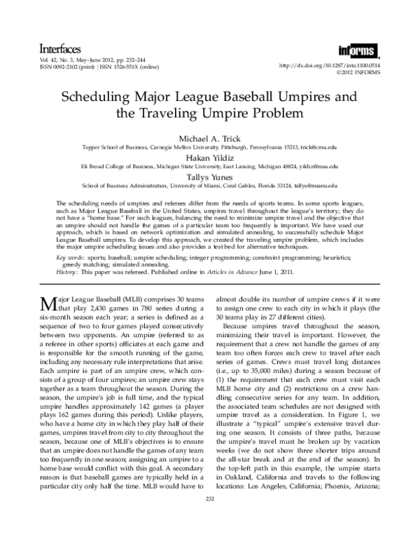 (PDF) Scheduling Major League Baseball Umpires and the Traveling Umpire