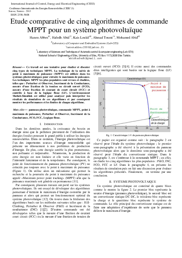 (PDF) Etude comparative de cinq algorithmes de commande MPPT pour un ...