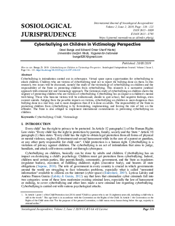 (PDF) Cyberbullying on Children in Victimology Perspective