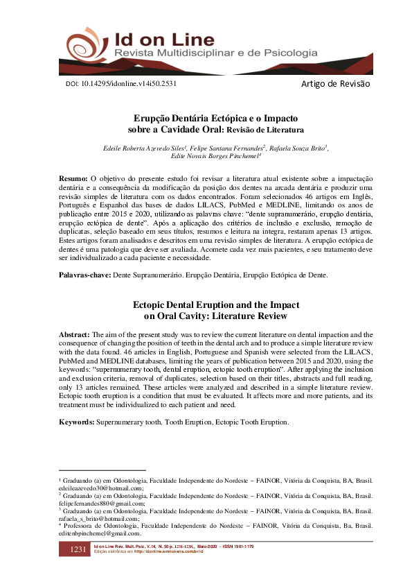  Free PDF Erup o Dent ria Ect pica E O Impacto Sobre A Cavidade Oral