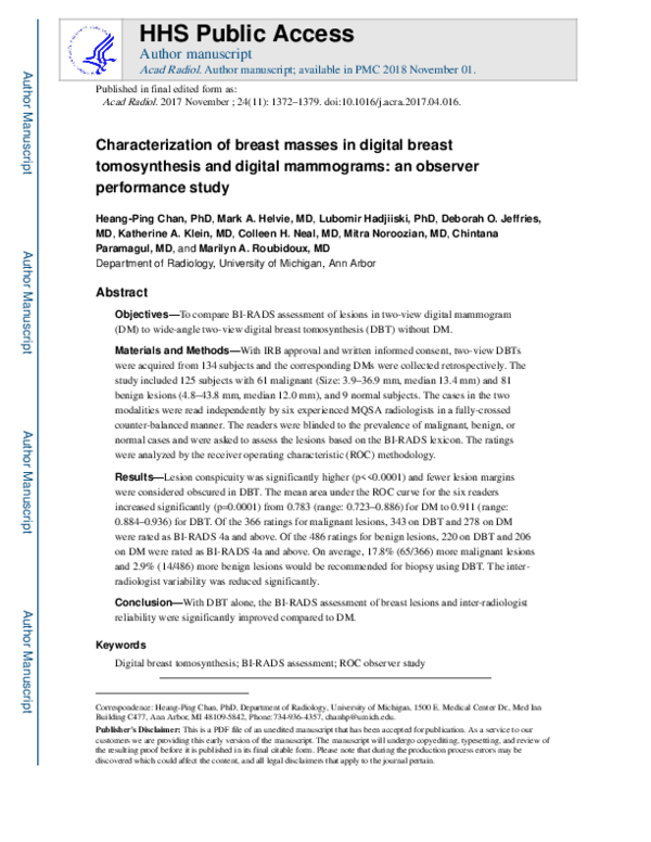 (PDF) Characterization of Breast Masses in Digital Breast Tomosynthesis ...