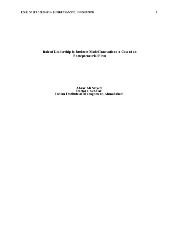 (PDF) Role of Leadership in Business Model Innovation: A Case of an ...