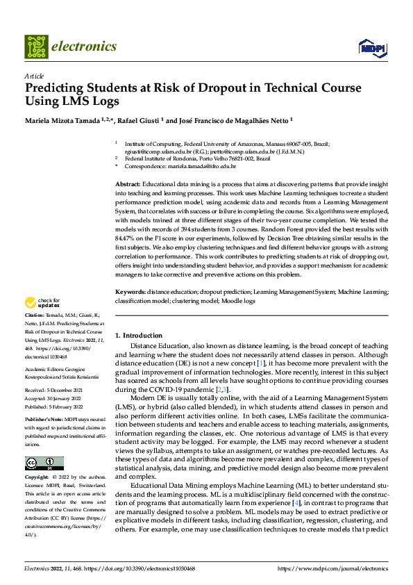 (PDF) Predicting Students at Risk of Dropout in Technical Course Using ...