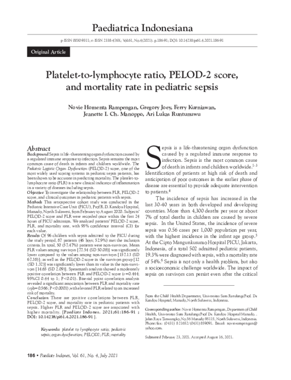 (PDF) The Platelet-to-lymphocyte ratio, PELOD-2 score, and mortality ...
