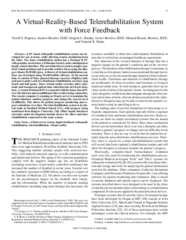 (PDF) A virtual-reality-based telerehabilitation system with force feedback