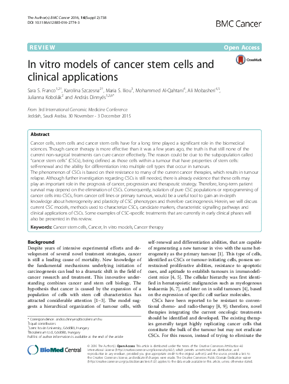 (PDF) In vitro models of cancer stem cells and clinical applications