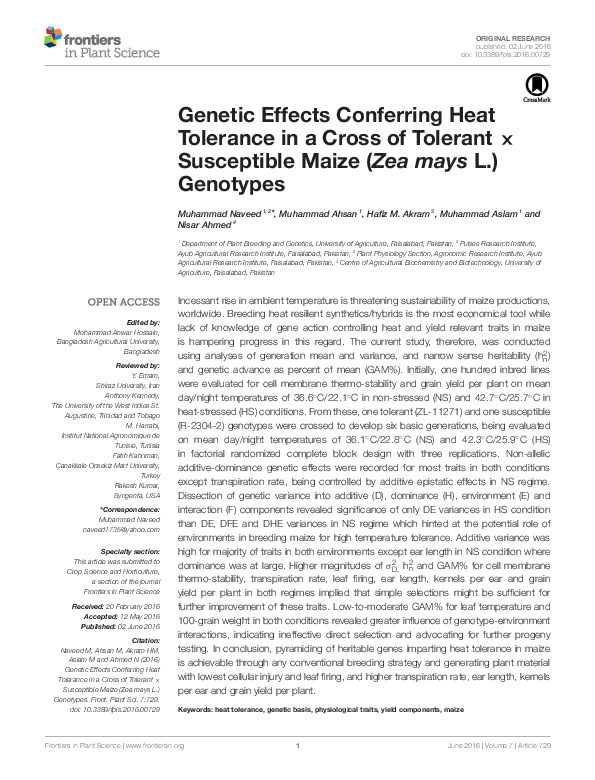 (PDF) Genetic Effects Conferring Heat Tolerance in a Cross of Tolerant ...