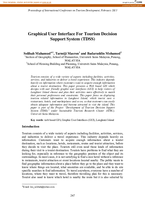 (PDF) Graphical user interface for tourism decision support system (TDSS)